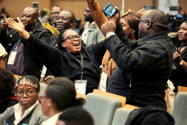 Des partisans du président élu de la Zambie, Hakainde Hichilema, célèbrent sa victoire après l'annonce de la Commission électorale de Zambie à Lusaka, le 18 août 2026 ( AFP / GIANLUIGI GUERCIA )