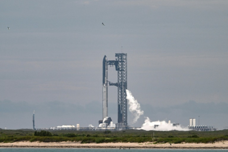 La mégafusée Starship de SpaceX sur la rampe de lancement de Starbase, au Texas, le 24 août 2025 ( AFP / RONALDO SCHEMIDT )