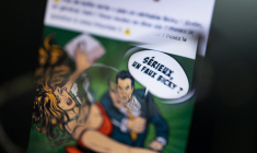 Une publicité publiée sur Facebook le 9 octobre 2019, pour la marque belge de hamburgers Bicky Burger, représentant un homme brandissant son poing pour frapper une femme portant un récipient de restauration rapide alors que il s'exclame : "Sérieusement, un faux Bicky ?".  ( AFP / KENZO TRIBOUILLARD )