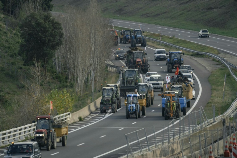 Des agriculteurs à bord de tracteurs bloquent l'autoroute A61, à Floure, le 17 décembre 2025 ( AFP / Idriss BIGOU-GILLES )