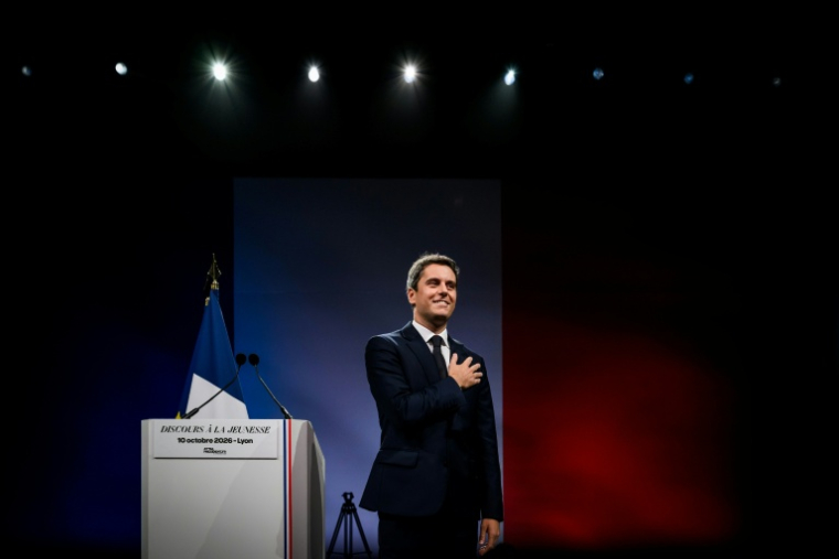 Le patron du parti présidentiel Renaissance et candidat à la présidentielle, Gabriel Attal, lors d'un meeting de campagne à Lyon, le 10 octobre 2026 ( AFP / JEFF PACHOUD )