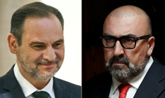 Montage créé le 6 avril 2026 de portraits de l'ancien ministre des Transports espagnol, Jose Luis Ábalos (à gauche, en 2025) et de son ancien conseiller Koldo Garcia (en 2024) ( AFP / Javier SORIANO )