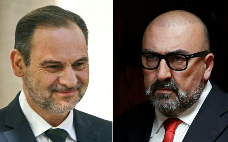 Montage créé le 6 avril 2026 de portraits de l'ancien ministre des Transports espagnol, Jose Luis Ábalos (à gauche, en 2025) et de son ancien conseiller Koldo Garcia (en 2024) ( AFP / Javier SORIANO )