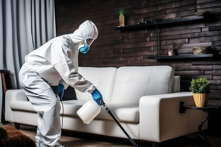 (Crédits photo : Adobe Stock - Spécialiste des punaises de lit intervenant dans un logement insalubre)