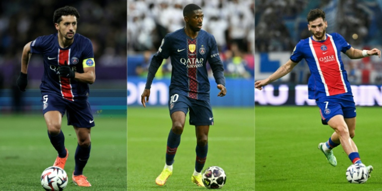 De gauche à droite, les joueurs du PSG Marquinhos, Ousmane Démbélé et KhvichaKvaratskhelia, tous trois sortis blessés lors du match contre le FC Barcelone, le 20 octobre 2026 au Parc des Princes ( AFP / Valentine CHAPUIS )