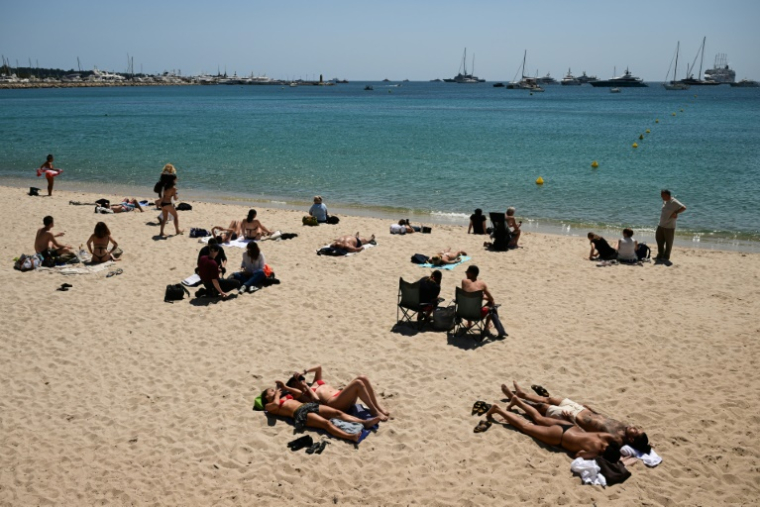 Des personnes profitent de la plage par une journée ensoliellée à Cannes, le 17 mai 2025 dans les Alpes-Maritimes ( AFP / Miguel MEDINA )