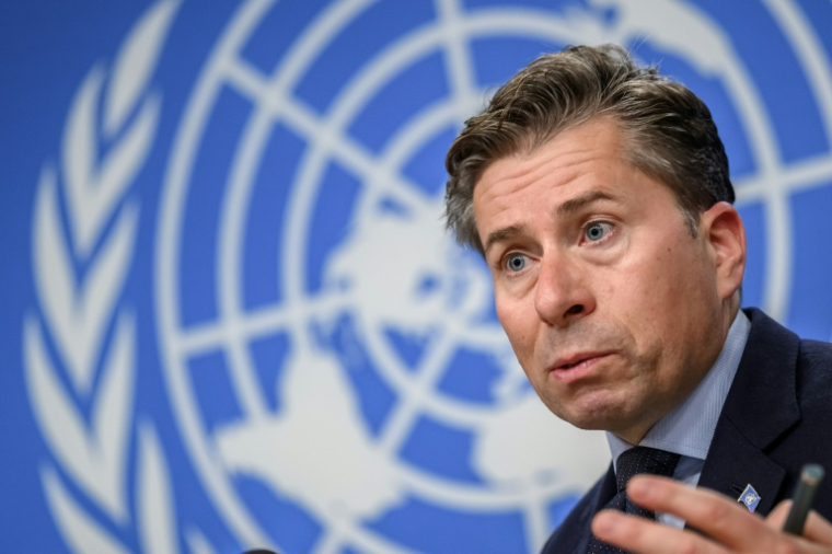 Le secrétaire général adjoint de l'ONU aux affaires humanitaires Tom Fletcher, lors d'une conférence de presse sur les conséquences de l’épisode El Niño, le 21 octobre 2026 à Genève ( AFP / Fabrice COFFRINI )