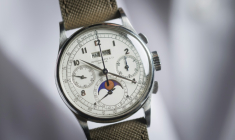 Une rare montre Patek Philippe référence 1518 en acier inoxydable, photographiée le 8 novembre 2025 à Genève (Suisse) ( AFP / Valentin Flauraud )