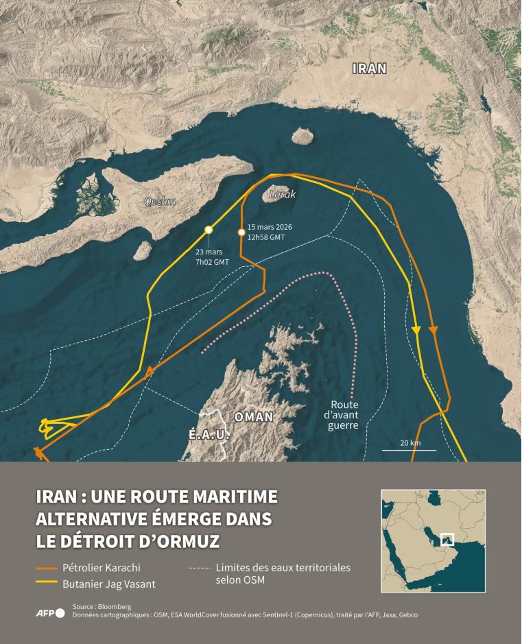 Carte montrant une route maritime alternative empruntée récemment par des navires dans le détroit d'Ormuz, ainsi que la route traditionnelle d'avant la guerre au Moyen-Orient ayant début le 28 février 2026 ( AFP / Omar KAMAL )