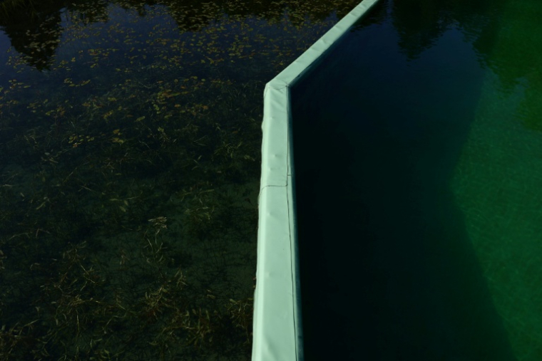 La séparation entre l'espace baignade, à droite, et un bassin de filtration naturelle, dans le plan d'eau biotope de Combloux, en Haute-Savoie, le 12 août 2026 A dip in a natural lake at the foot of Mont Blanc – there’s nothing quite like it for cooling off when a heatwave is sweeping the country: in Combloux (Haute-Savoie), tourism professionals are seeing a surge in interest as the temperature soars. ( AFP / Alex MARTIN )