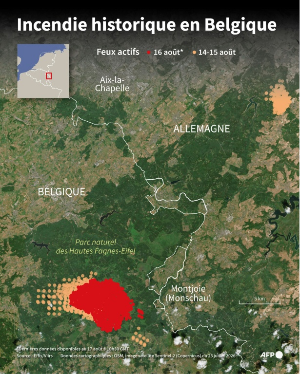 Carte de l'incendie du parc naturel des Hautes Fagnes-Eifel en Belgique, à la frontière avec l'Allemagne, montrant les feux actifs depuis le 14 août 2026, selon les données d'Effis ( AFP / Sophie RAMIS )