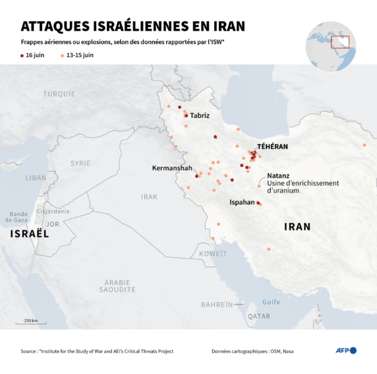 Carte localisant des frappes et explosions suite aux attaques menées depuis le 13 juin par Israël en Iran, selon des données non exhaustives rapportées par l'ISW ( AFP / Valentina BRESCHI )