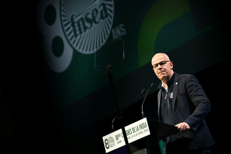 Le président de la FNSEA, Arnaud Rousseau, lors du congrès à Caen, le 2 avril 2026 dans le Calvados ( AFP / Lou BENOIST )