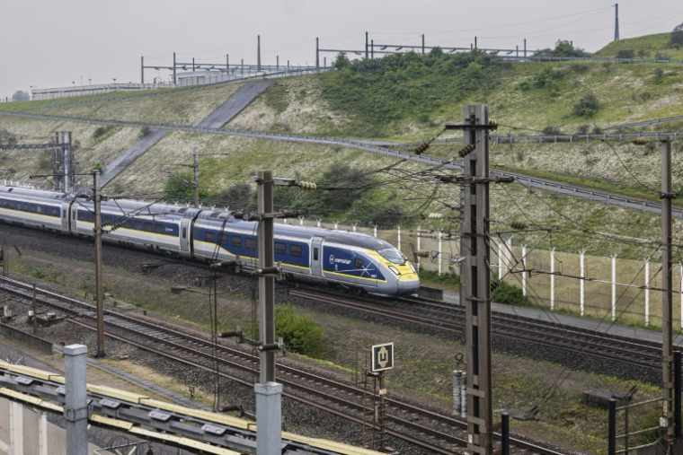 Un train arrivant au tunnel sous la Manche à Coquelles, dans le nord de la France, le 6 mai 2024 ( AFP / Sameer Al-DOUMY )