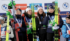 Les relayeuses françaises, victorieuses à Ostersund (Suède), le 29 novembre 2025 ( TT NEWS AGENCY / Bjorn LARSSON ROSVALL )