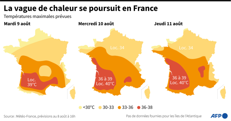 Températures prévues par Météo-France pour les 9, 10 et 11 août ( AFP / )
