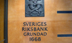 L'enseigne de la banque centrale de Suède à Stockholm, en Suède