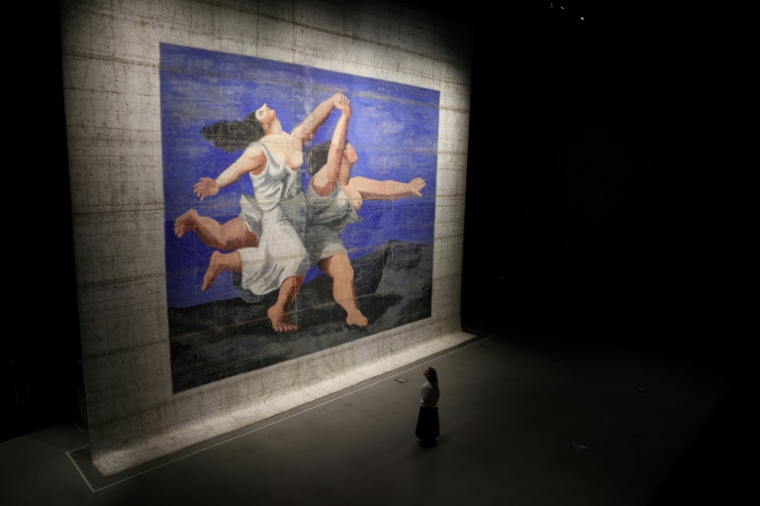 Une visiteuse admire un rideau de scène créé pour le "Train bleu" des Ballets russes, inspiré d'un tableau de Pablo Picasso, exposé à la Storehouse du Victoria et Albert Museum, dans l'est de Londres, le 12 juin 2025 ( AFP / HENRY NICHOLLS )