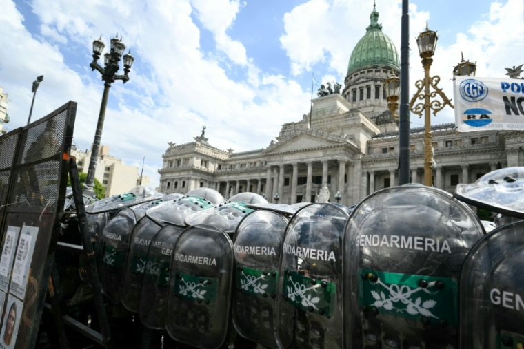 Des gendarmes bloquent l'accès au Sénat où est débattu un projet de réforme du travail à Buenos Aires, le 11 février 2026 ( AFP / Luis ROBAYO )