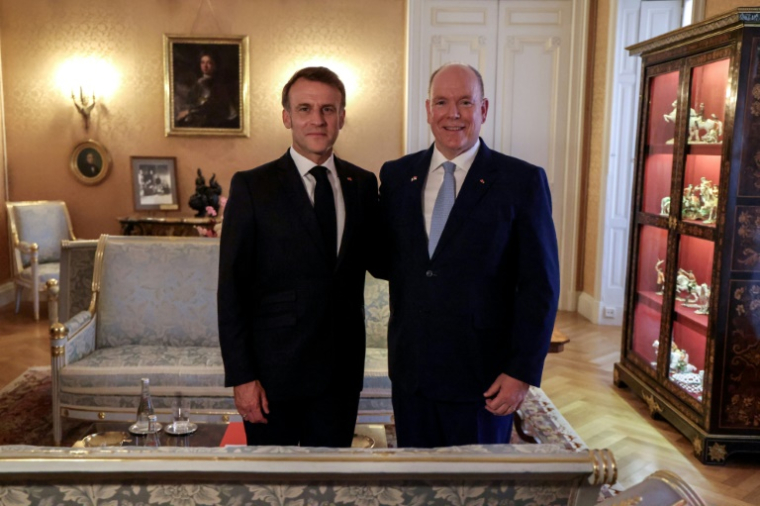 Le président français Emmanuel Macron (g) et le prince Albert II de Monaco dans un salon du palais princier, le 7 juin 2025 à Monaco ( POOL / Ludovic MARIN )