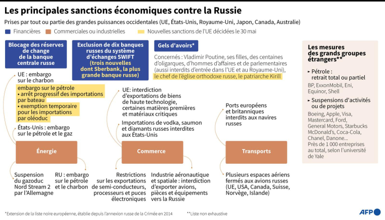 Graphique montrant les principales sanctions économiques prises par les puissances occidentales contre la Russie au 31 mai ( AFP / )