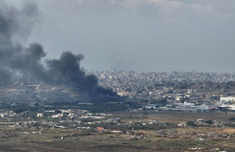 A drone view shows smoke above Beit Hanoun in the Gaza Strip, as seen from near Kibbutz Nir Am in southern Israel