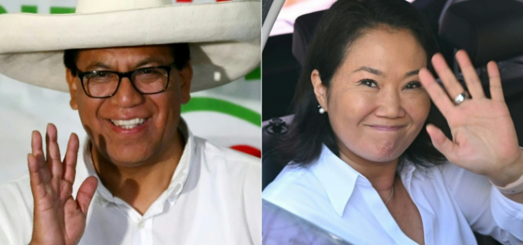 Cette combinaison de photos réalisée le 2 juin 2026 montre les candidats à la présidentielle péruvienne, Roberto Sánchez (g.), à Lima, le 12 avril, et Keiko Fujimori, à Lima, le 15 avril 2026 ( AFP / Luis ROBAYO )