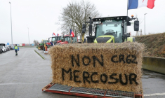 Une botte de foin "Non au Mercosur" sur un tracteur alors que des agriculteurs participent à un blocage sur l'autoroute A1 près de Fresnes-lès-Montauban, le 12 janvier 2026 dans le Pas-de-Calais ( AFP / Francois LO PRESTI )