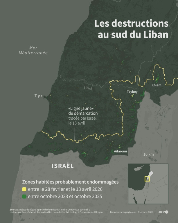 Carte montrant les destructions probables de bâtiments dans le Sud du Liban entre le 28 février et le 13 avril 2026, selon une analyse de dégâts effectuée à partir de données du satellite Copernicus Sentinel-1 par Corey Scher et Jamon Van Den Hoek de Conflict Ecology à l’université de l’Oregon. Plus de la moitié des dégâts se situent au sud d'une "Ligne jaune" de démarcation tracée par Israël le 18 avril ( AFP / Sabrina BLANCHARD )