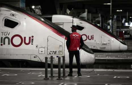 Un employé de la SNCF devant un TGV Ouigo à la gare Montparnasse à Paris, le 6 mai 2025 ( AFP / Thibaud MORITZ )