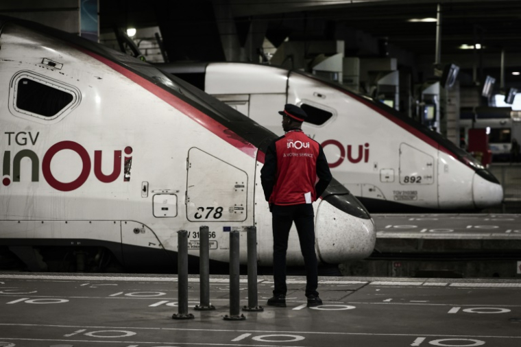 Un employé de la SNCF devant un TGV Ouigo à la gare Montparnasse à Paris, le 6 mai 2025 ( AFP / Thibaud MORITZ )