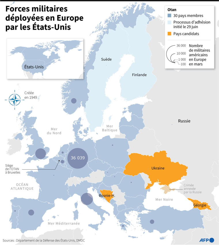 Nombre de soldats américains déployés par pays d'Europe en mars 2022 et carte des pays membres de l'Otan, avant l'annonce de nouveaux redéploiements en raison de la guerre en Ukraine ( AFP / )