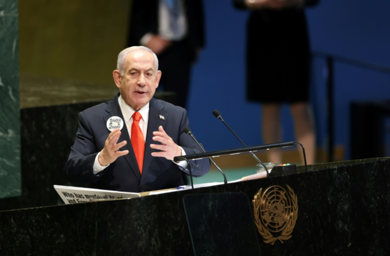 Le Premier ministre israélien Benjamin Netanyahu à la tribune des Nations unies, le 26 septembre 2025 à New York ( AFP / ANGELA WEISS )
