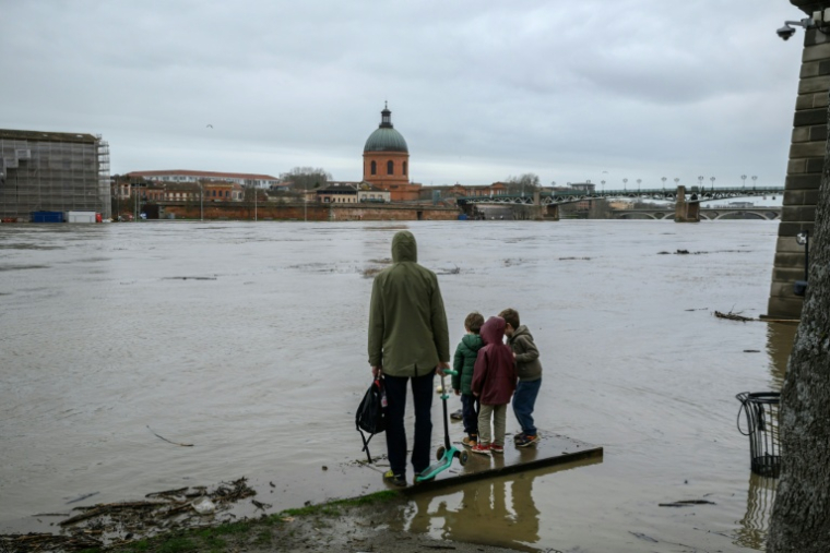 Des personnes observent la Garonne après de fortes pluies, à Toulouse, le 11 février 2026 ( AFP / Ed JONES )