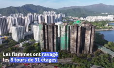 Vues aériennes des immeubles de Wang Fuk Court à Hong Kong après un incendie meurtrier