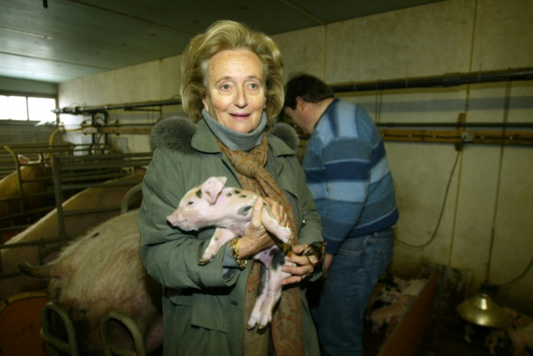 Bernadette Chirac tient un porcelet dans ses bras lors de la visite d'une exploitation agricole à Sarran, en Corrèze, le 8 mars 2004  ( AFP / PATRICK KOVARIK )
