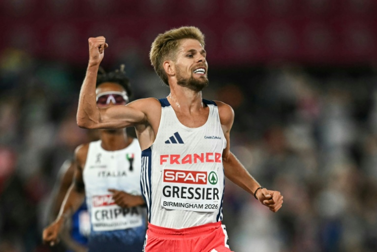 Le Français Jimmy Gressier, médaillé de bronze du 10.000 m aux Championnats d'Europe d'athlétisme, le 15 août 2026 à Birmingham ( AFP / Paul ELLIS )