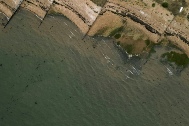 Vue aérienne d'une zone côtière dans laquelle une canalisation d'évacuation des eaux usées active à été signalée, à Whitstable, le 23 juillet 2025 dans le sud-est de l'Angleterre ( AFP / Ben STANSALL )