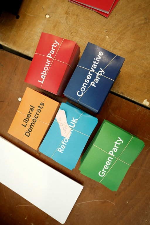 Des tracts aux couleurs des différents partis politiques sont empilés dans un centre de dépouillement situé au nord de Londres, le 8 mai 2026 ( AFP / Brook Mitchell )
