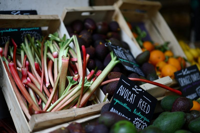 Des rhubarbes sont exposées à la vente sur un étal de maraîcher rue des Martyrs à Paris
