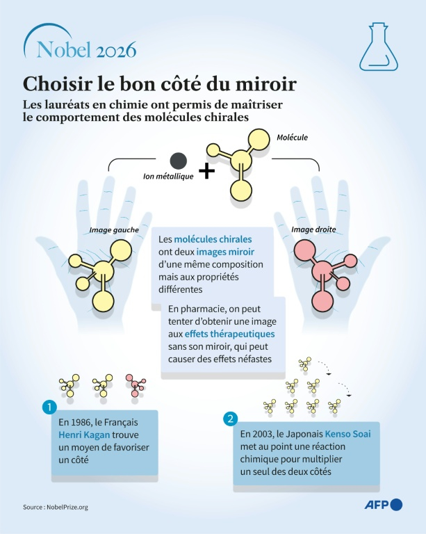 Présentation des travaux des lauréats du prix Nobel de chimie 2026 dans le domaine de la chiralité, qui ont ouvert la voie à des avancées essentielles dans la fabrication des médicaments ( AFP / Sabrina BLANCHARD )