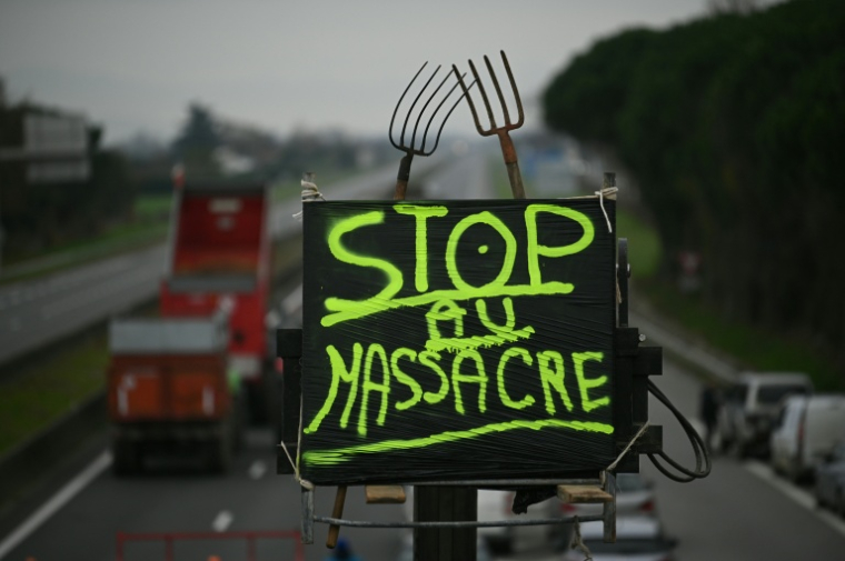 Barrage des agriculteurs sur l'autoroute A64 à Carbonne, en Haute-Garonne, le 19 décembre 2025  ( AFP / Matthieu RONDEL )