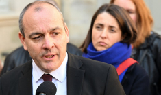 Laurent Berger et Sophie Binet à Paris, le 5 avril 2023. ( AFP / BERTRAND GUAY )