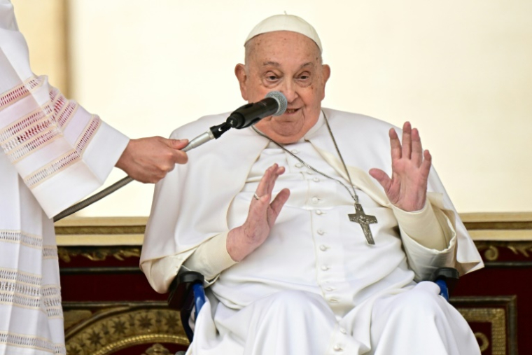 Le pape François salue l'assistance à la fin de la messe des Rameaux sur la place Saint-Pierre au Vatican, le 13 avril 2025 ( AFP / Tiziana FABI )