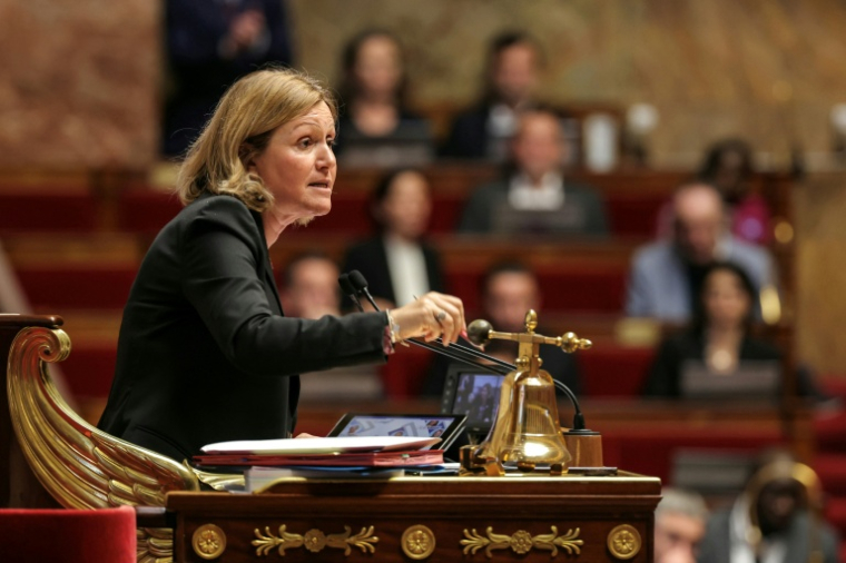 La présidente de l'Assemblée nationale, Yaël Braun-Pivet, lors d'une session pour débattre du projet de loi de financement de la sécurité sociale pour 2026 (PLFSS) avant le vote à l'Assemblée nationale,à Paris, le 12 novembre 2025. ( AFP / Thomas SAMSON )