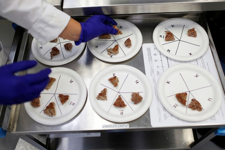 Des portions de steaks végétaux positionnées lors de tests