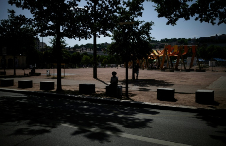 Une personne est assise à l'ombre d'arbres à Lyon, le 25 juin 2025 ( AFP / JEFF PACHOUD )