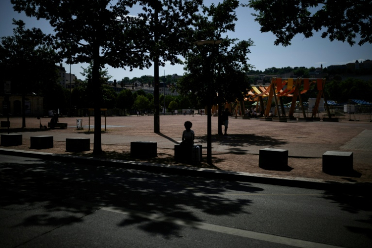 Une personne est assise à l'ombre d'arbres à Lyon, le 25 juin 2025 ( AFP / JEFF PACHOUD )