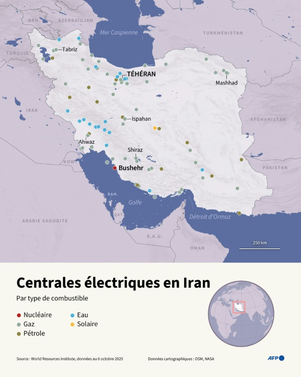 Carte de l’Iran montrant les centrales électriques par type de combustible, d’après des données du World Resources Institute ( AFP / Jonathan WALTER )