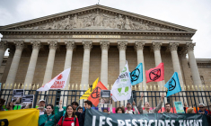 Des manifestants brandissent une pancarte sur laquelle est écrit "les pesticides tuent" devant l'Assemblée nationale à Paris, le 27 mai 2025. ( AFP / LEO VIGNAL )